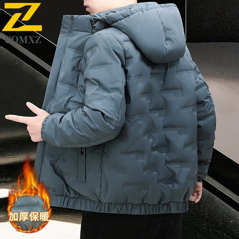 COMXZ 2025 Mens Winter Hooded Fleece Puffer Jacket American style Waterproof and Windproof Trendy Casual Outdoor Sports Coat