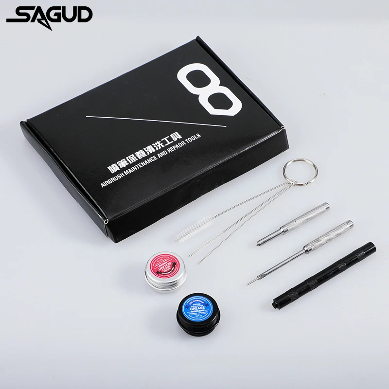 SAGUD 8Pcs Airbrush Cleaning Brush Repair Replacement Accessories Tool Set for Spray Gun Grease Sealant and Nozzle Wrench Parts