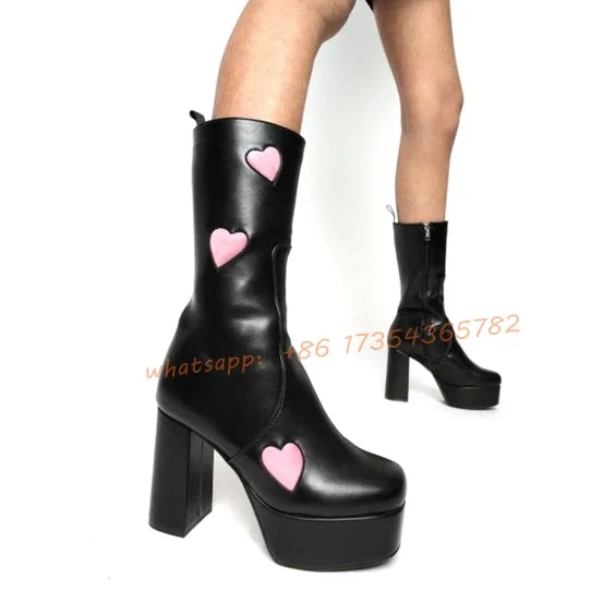 Pink Platform Block Heel Mid Calf Boots Heart Print Zipper Sweet Party Dress Casual women's long Boots Sweet Cool Shoes