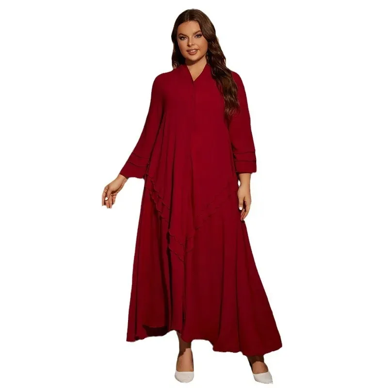 

With Hijab Muslim Dress Women Summer Elegant Mulsim Long Sleeve V-neck Kaftan Long Maxi Dress Abayas for Women Abaya Dubai