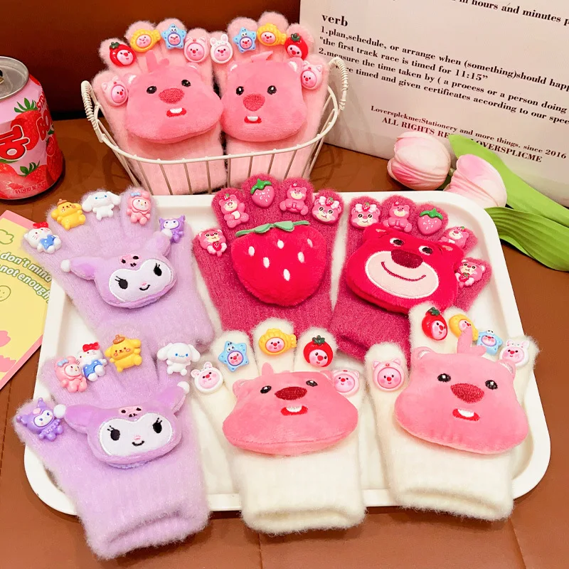 Lots-o'-Huggin' Bear Children's Gloves Autumn Winter Warm for Girls Ages 3-8 Sanrio Cartoon Fleece Lined Fingered Gloves