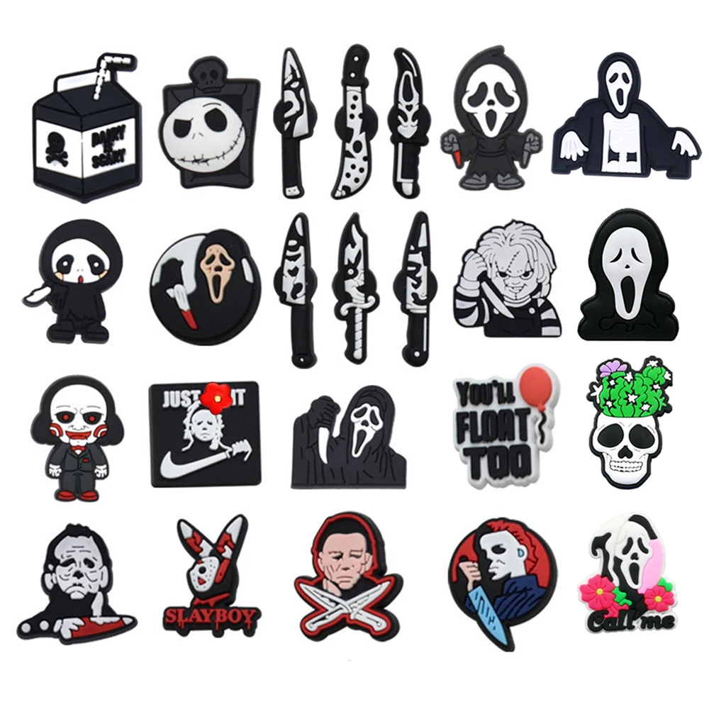 

Single sale 1pcs Halloween Horror Movie Series Shoe Charms PVC Accessories DIY Shoe Decoration For Classic Clog Kids X-mas Gifts