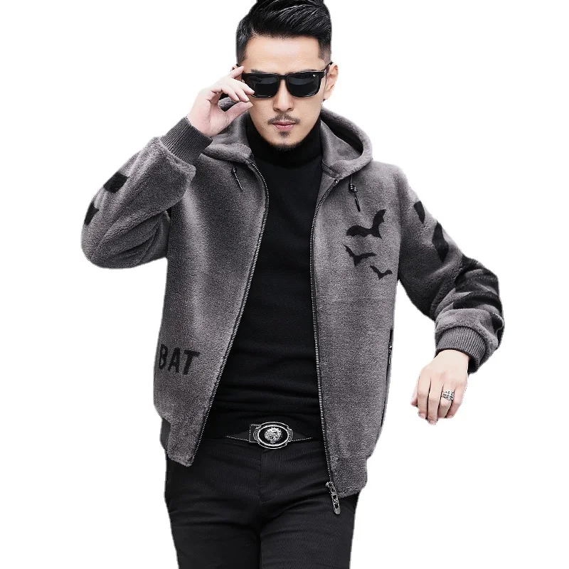 

New Wool Fur Jacket Male Sheep Shearing Coat Winter Casual Hooded Jackets 100% Real Overcoat Men Gray Fleece Clothing