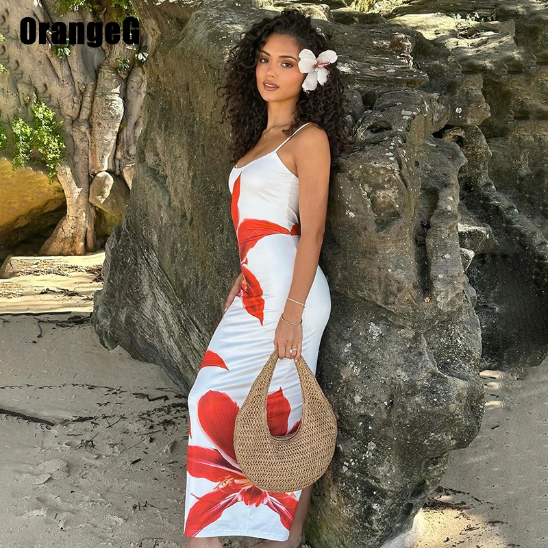 Orange große Blume Spaghetti träger Bleistift langes Kleid Frauen Bodycon sexy Clubwear Beach wear Urlaub ärmellosen Sommer