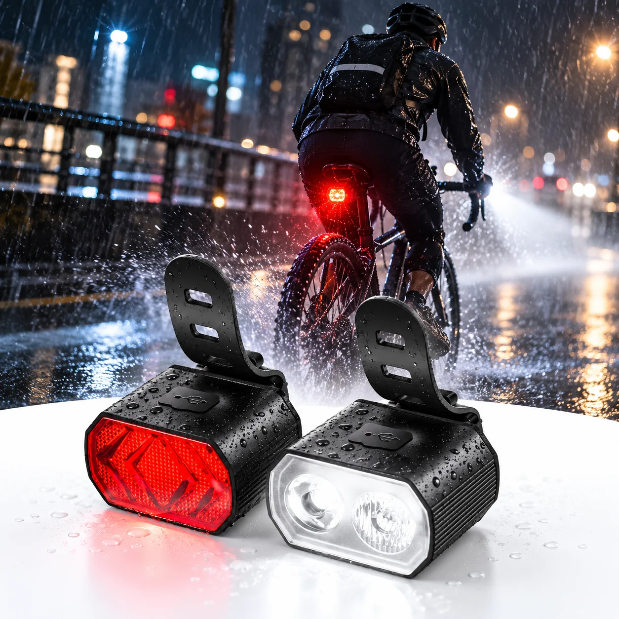 USB Rechargeable Bicycle Front and Rear Light Set Bike Headlight Tail Light with Mounting Brackets for Cycling