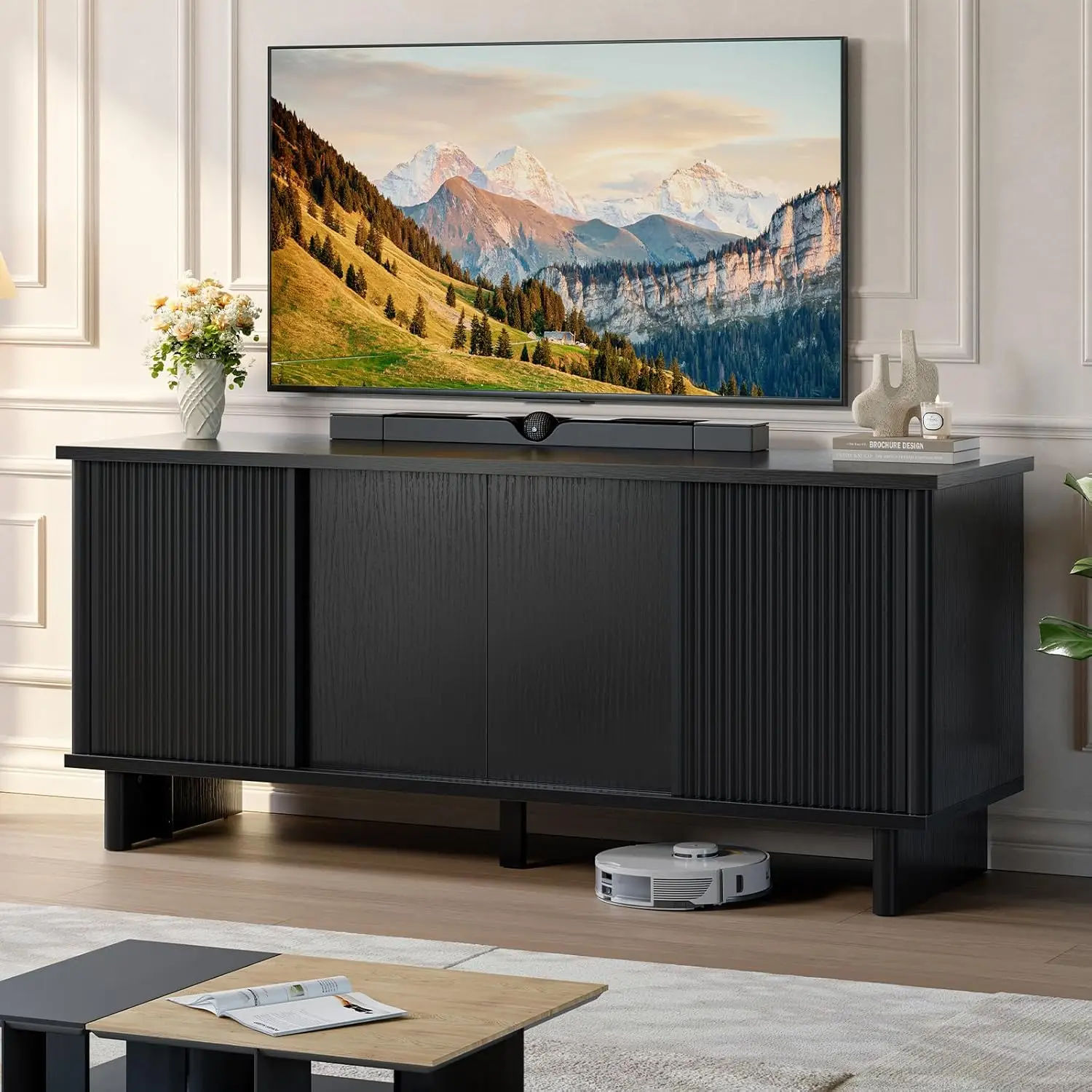 #Mid Century Modern TV Stand Inch Solid Wood Legs Sliding Door Cable Management Media Console Living Room Black
