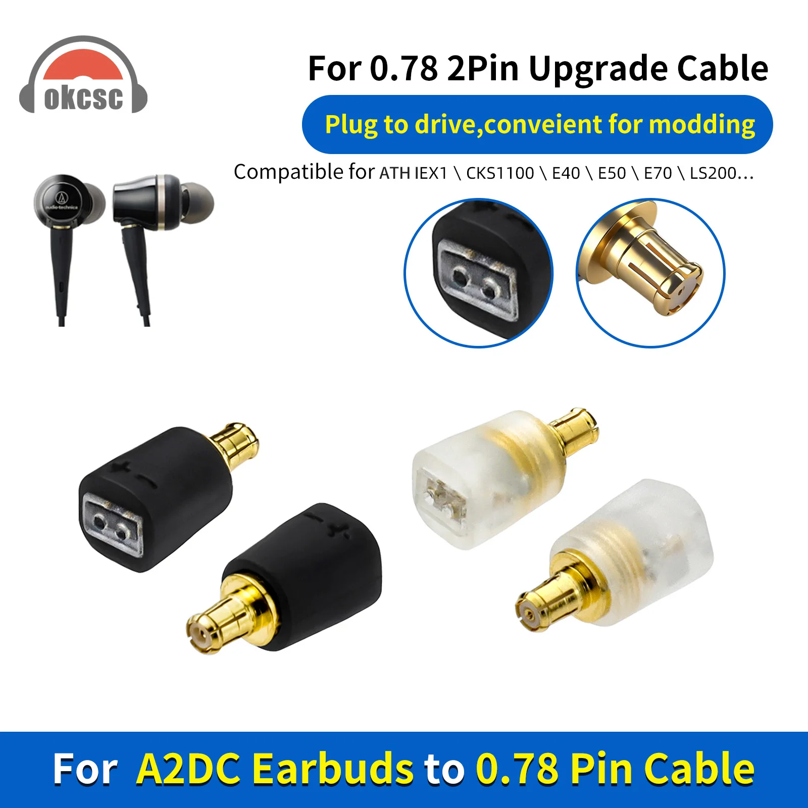 

OKCSC Headphone Connector A2DC Male to MMCX/0.78mm 2 pin Female Adapter for Audio Technica ATH-LS70iS ATH-LS200iS Headphones