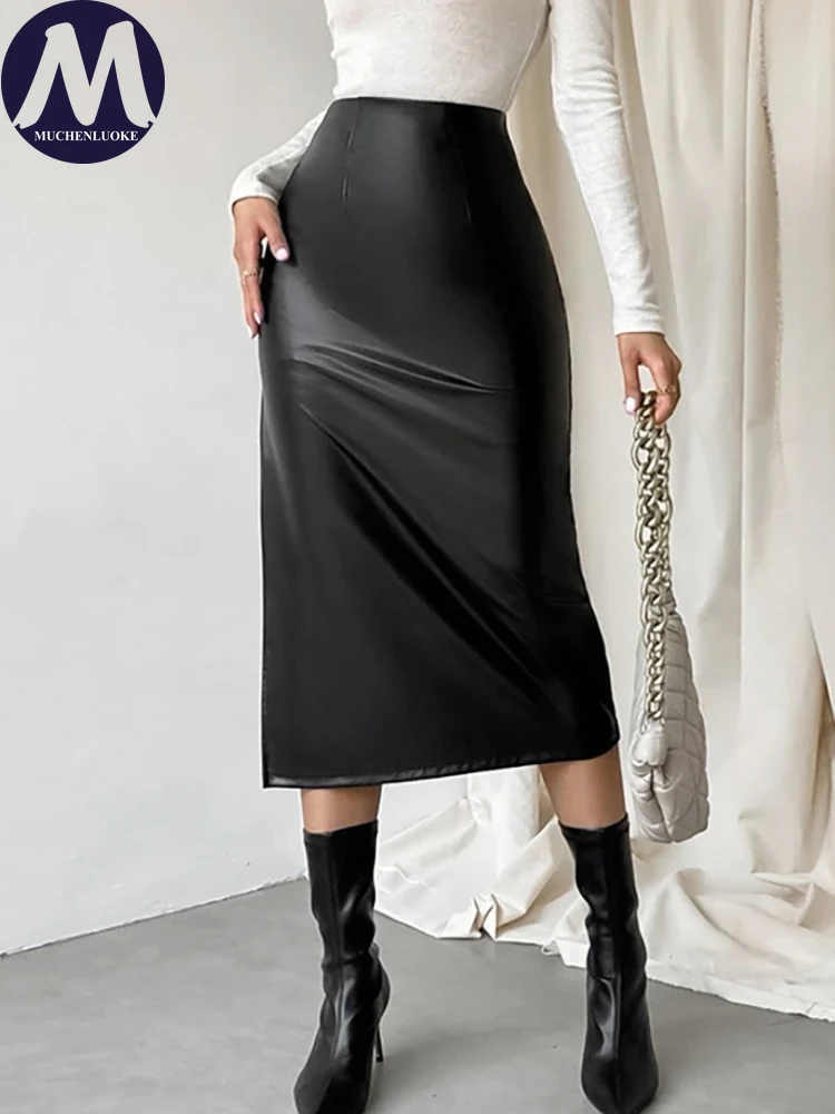

Skirts for Women Autumn Winter Sexy Artificial Leather Vent Bust Skirt Fashionable Slim Fit Women's Versatile Hip Hugging Skirt