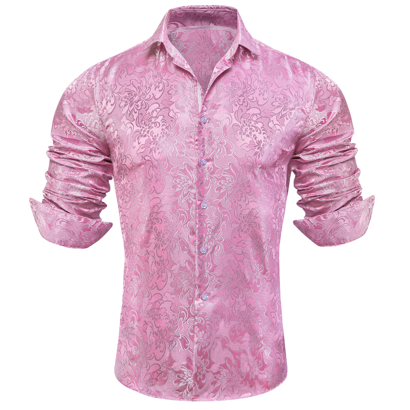 Barry.Wang Luxury Silk Mens Shirts Jacquard Floral Long Sleeve Formal Casual 26 Colours Male Blouses Wedding Business Prom Gift