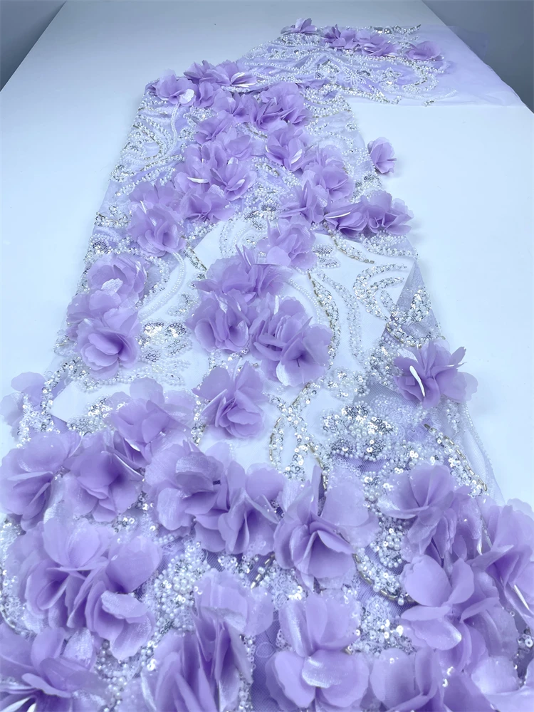 

Luxury 3D Flower Embroidery Lace Fabric Beaded Sequin Bridal Wedding Dress Sewing Material for Africa Nigeria 2025