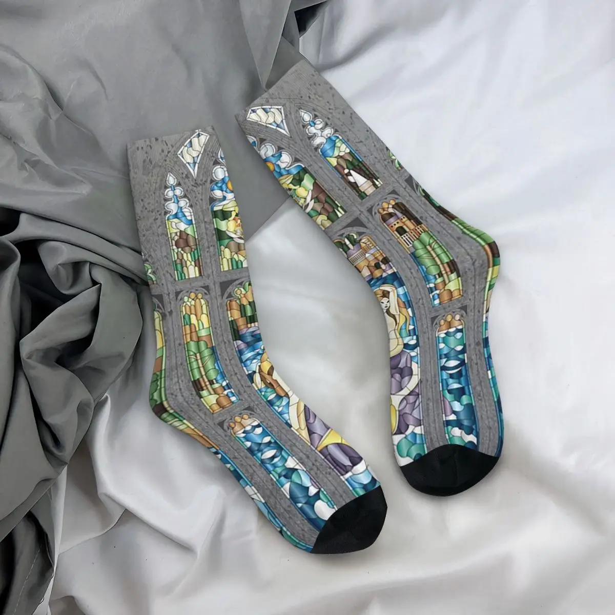 All Seasons Crew Stockings Stained Glass Mermaid Socks Harajuku Long Socks for Men Women Valentine's Day Gifts