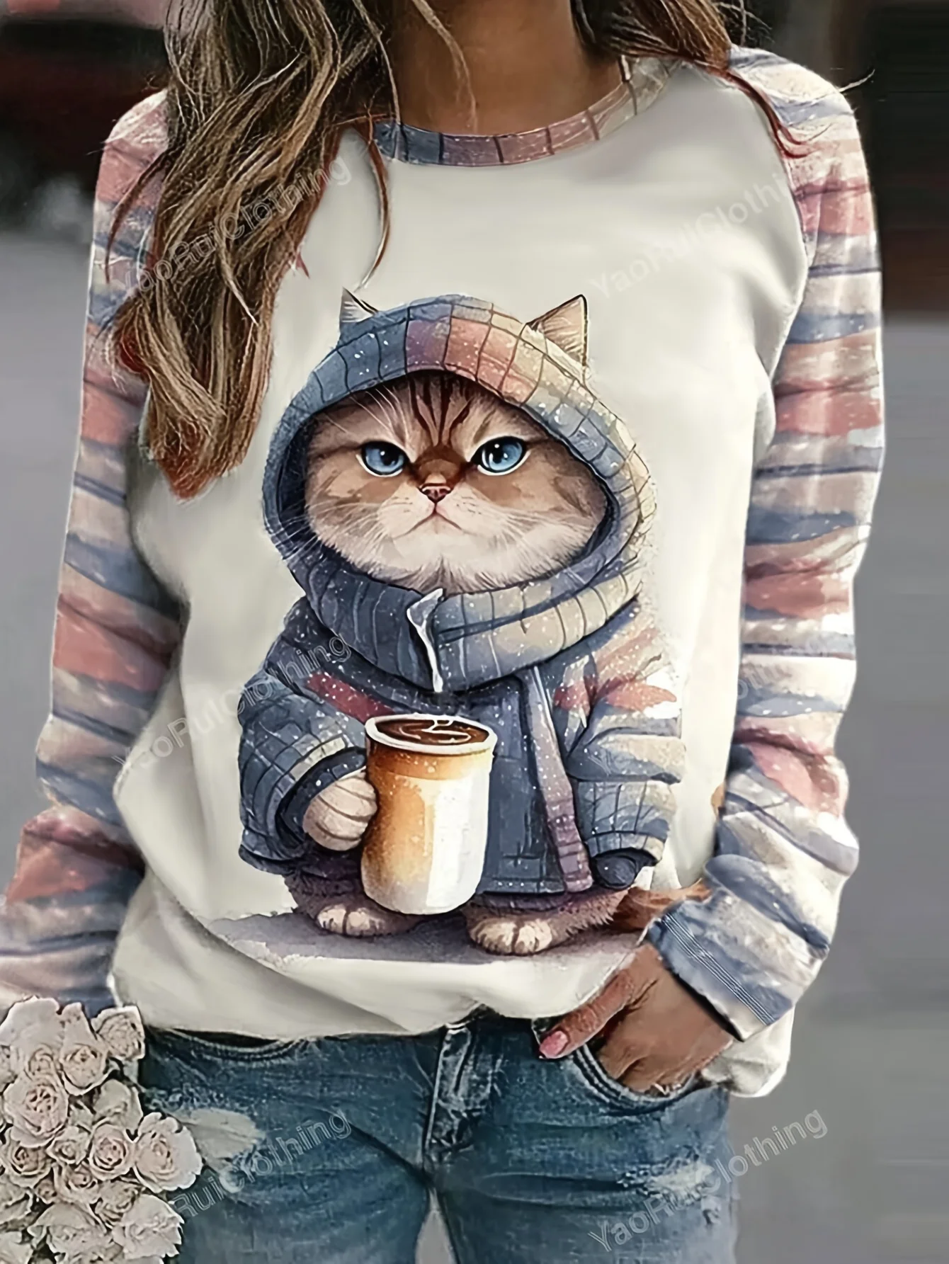 Women's Coffee Cat Print Top White Pink Grey Stripe Sleeve Cute Long Crew Neck Casual Pullover T Shirt