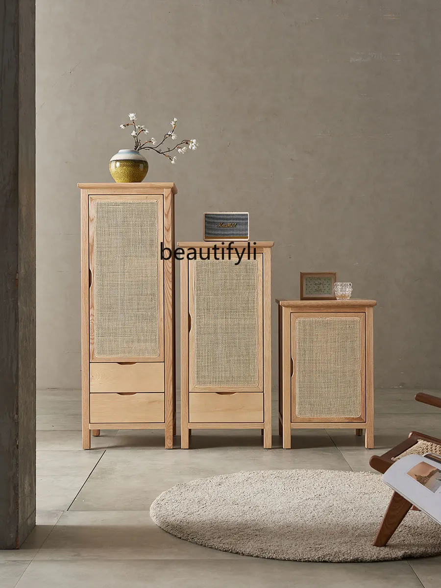 Nordic Rattan Solid Wood Wood Color Living Room Locker Japanese Style Small Apartment Combination Set