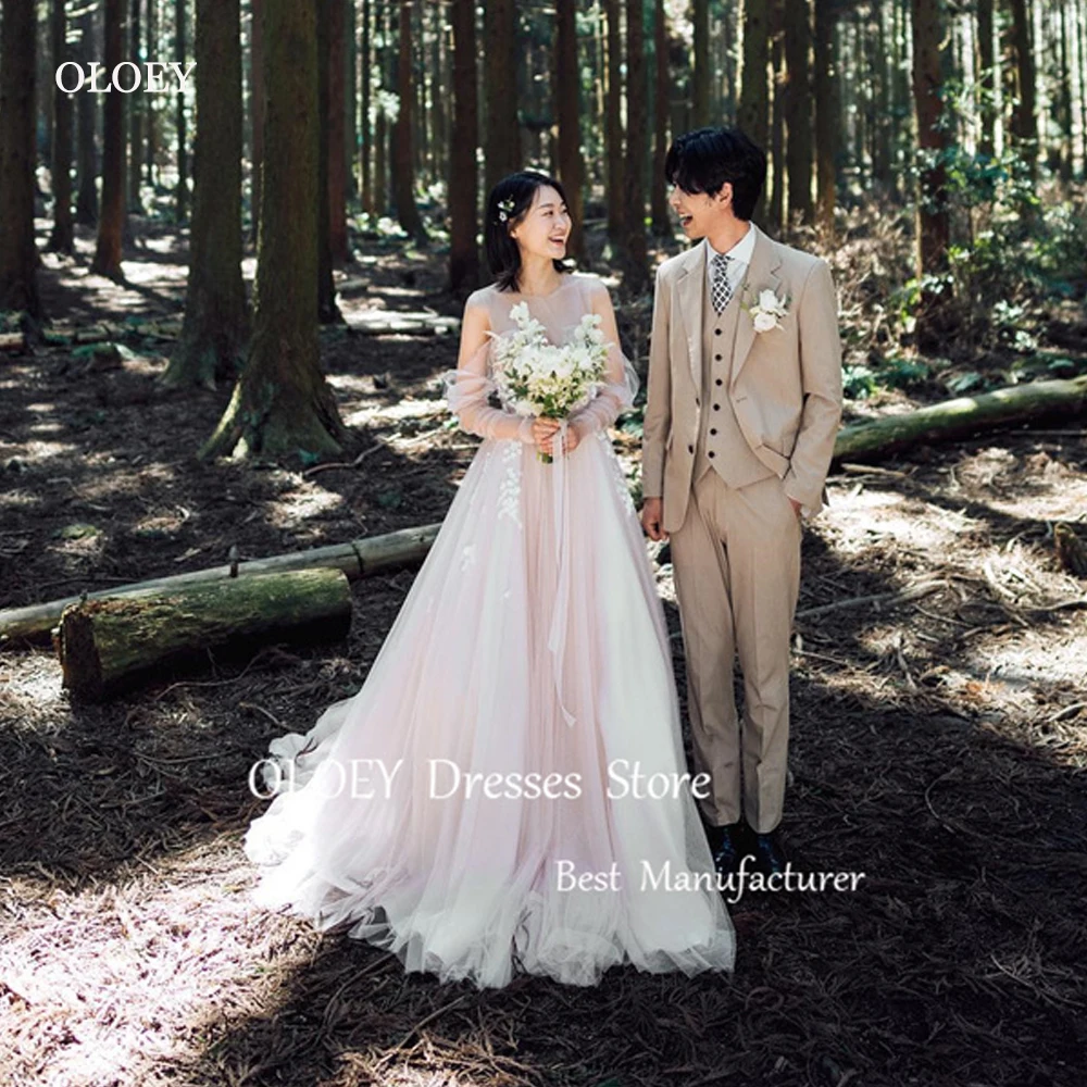 

OLOEY Fairy Tulle A Line Wedding Dresses Korea Photoshoot Blush Pink Floor Length Long Sleeves Garden Bridal Gowns 2024