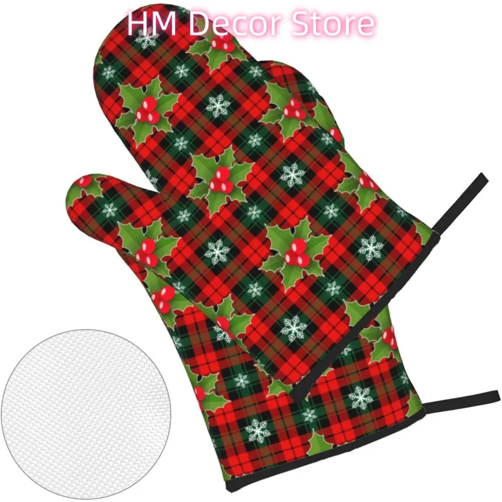Xmas Scandinavian Tartan Plant Oven Mitts and Pot Holders Sets of 4, Merry Christmas Cooking Gloves Holiday Country Style Oven M