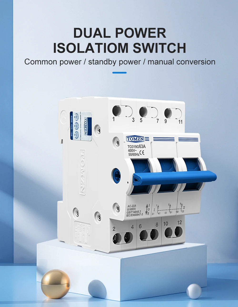 TOMZN 3P 380V AC 40A 63A MTS Manueller Doppelstrom-Umschalter mit Verriegelungsschutzschalter – Detail 3