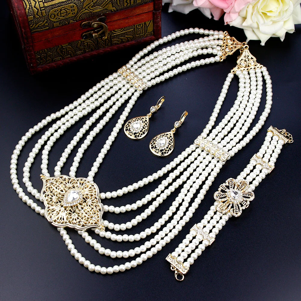 

Neovisson Morocco Handmade Bead Jewelry Sets High Quality Long Necklace Bracelet Earring Gold Color Arabic Bridal Wedding Gift