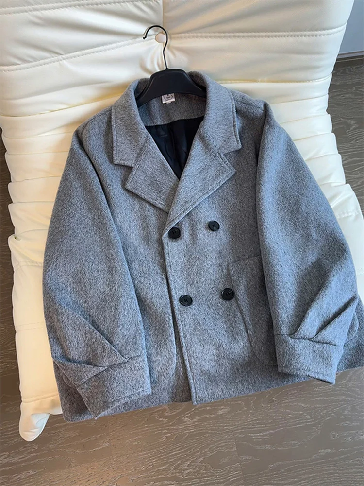 

Casual Double-breasted ey Woolen Coat ex Autumn Winter Faion Briti Sle High Collar Versatile Leisure Outerwear