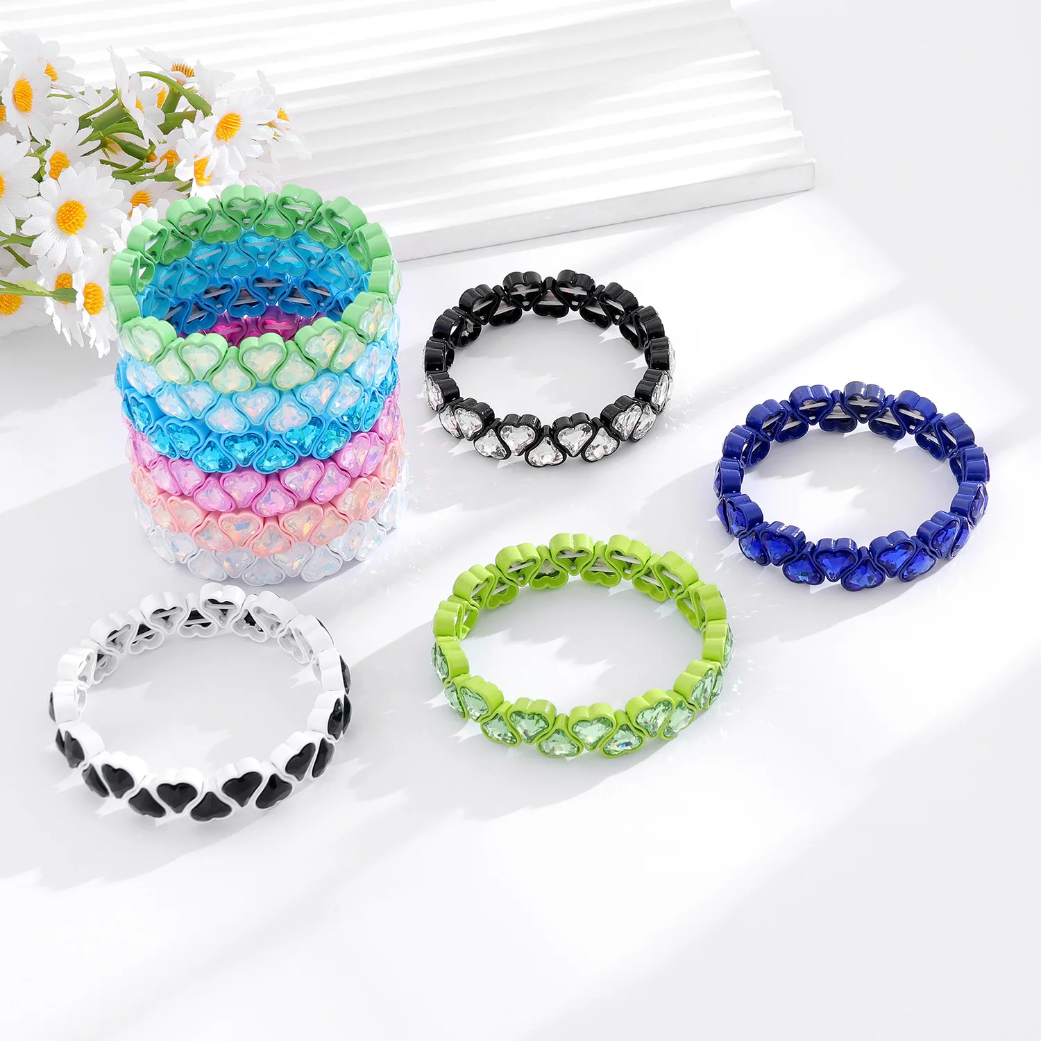 Heiß begehrte neue Herz-Kristallglasperlen Liebes-Legierung Elastische Manschetten Emaille-Armband Damen Manschetten-Emaille-Armband Damenschmuck – Detail 4
