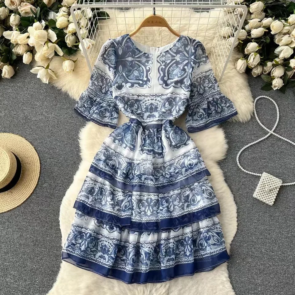 

High Quality Vintage Women Blue And White Porcelain Print Dress 2023 Runway Summer Layers Ruffles Chiffon Flare Sleeve Dresses