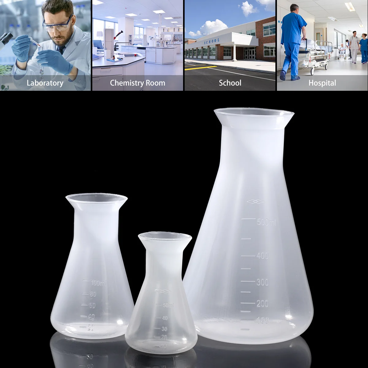 

3pcs Plastic Flask Conical Flask 50Ml 100Ml 500Ml Dual Scale Laboratory Students Educational Use Eco Friendly Durable