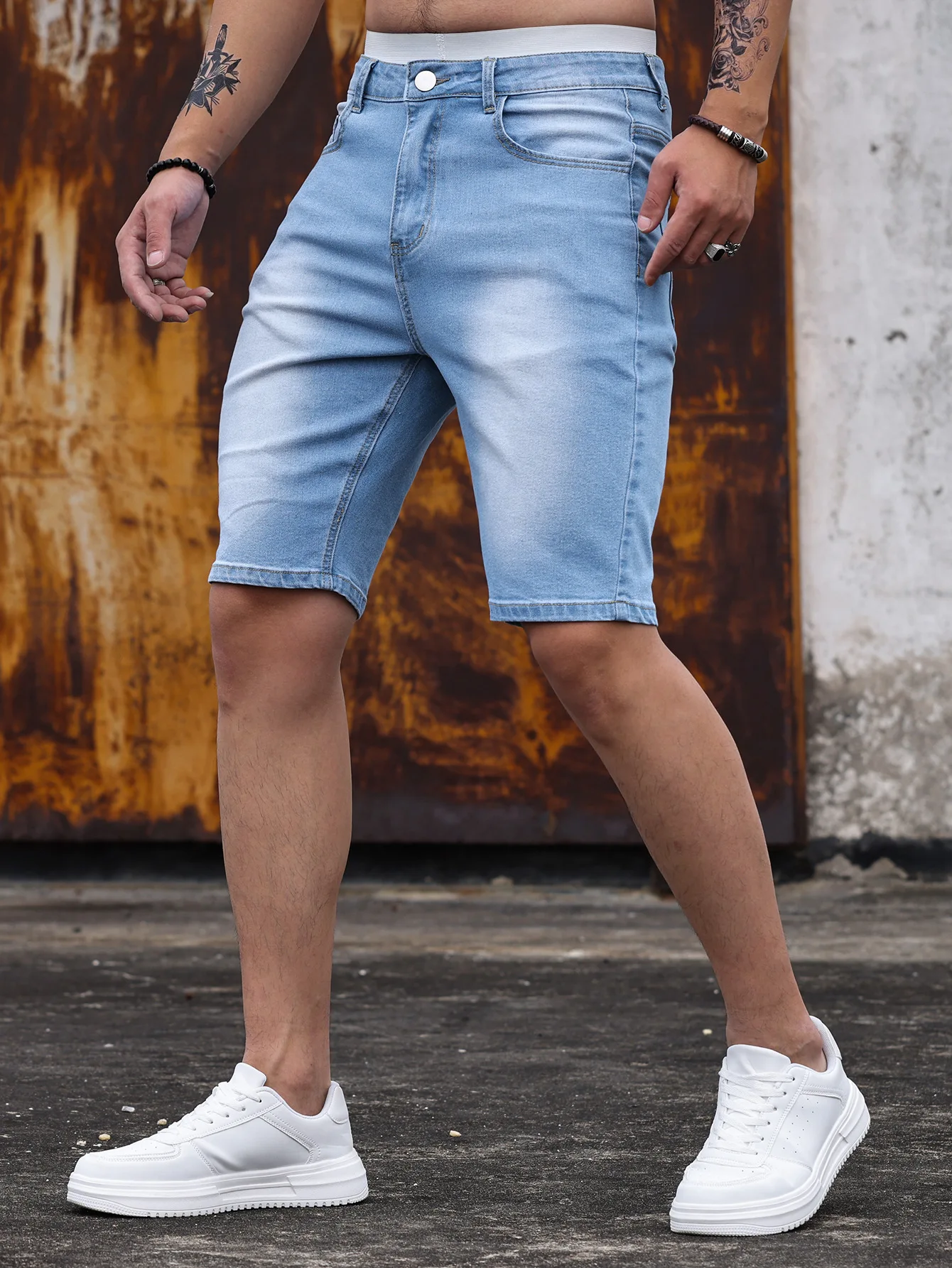 Shorts jeans de algodão casual masculino, roupa ajuste magro, cintura elástica, estilo moda verão, venda quente