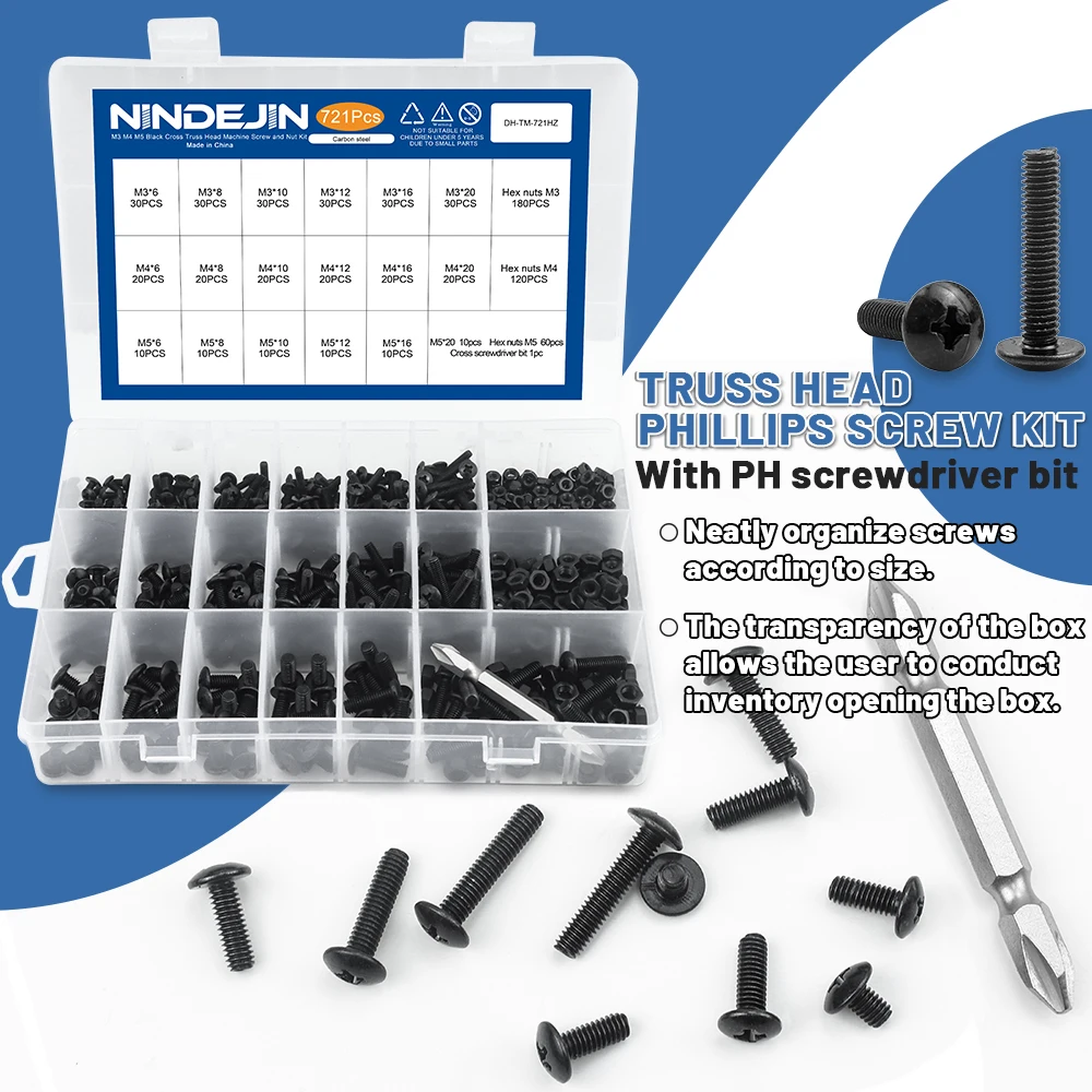 NINDEJIN 721pcs/set Cross Truss Head Screw Kit with Nut M3 M4 M5 Carbon Steel Mushroom Phillips Head Machine Screw and Nut Set