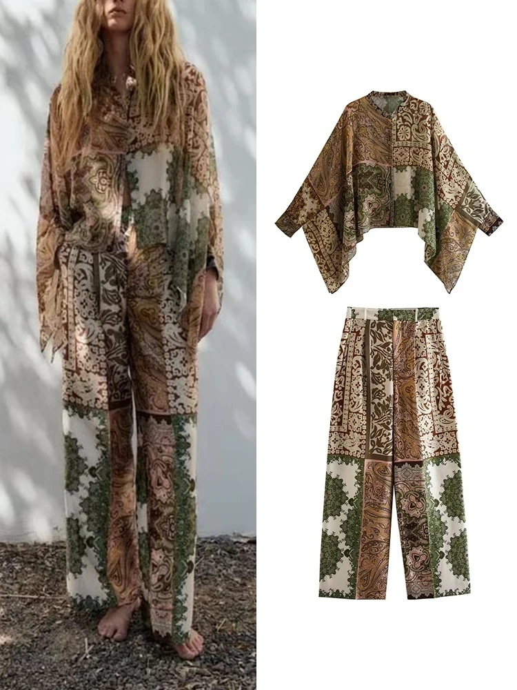 

2024 Women's Pajamas Sets Patchwork Cloak Asymmetric Hem Print Shirt With Mid Waist Straight Long Pants Female Sleepwear Suit