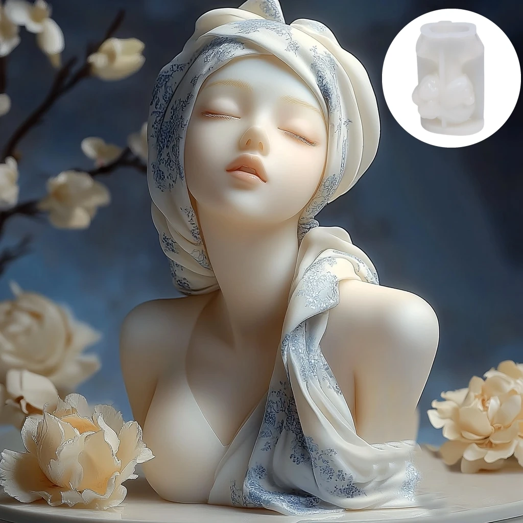 3D Headscarf Girl Candle Silicone Mold Long Hair Goddess Female Epoxy Resin Silicone Mould Female Body Concrete Gypsum Molds