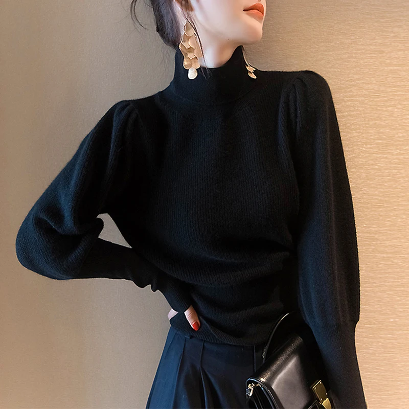 Stylish Hand-Knitted Sweater Women's Inner Wear Retro Ram's Horn Sleeve Hooded Knit Base Shirt High Collar Long Sleeve Regula...