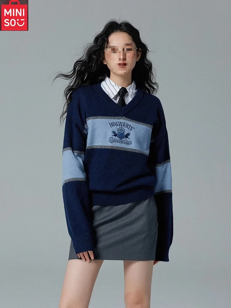 

MINISO Knitted Sweater Color blocked Hooded Sweater 2024 Winter Spring New V-neck Loose fit