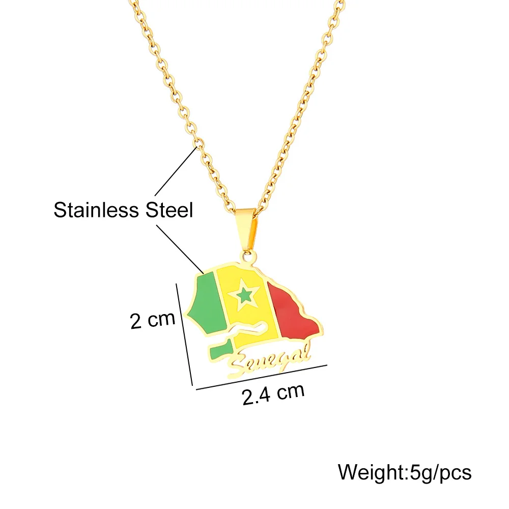 Fashion Stainless Steel Senegal Map Flag Pendant Necklace for Men Women Gold Silver Color Maps Jewelry Gift