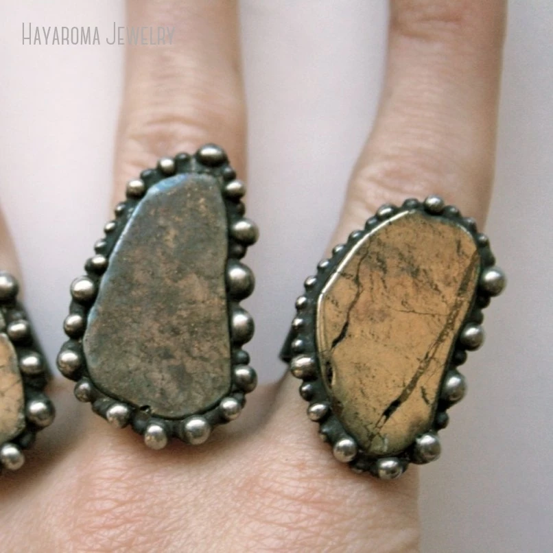 

2pcs Pyrite Slab Crystal Statement Ring Women Wicca Pagan Gothic Grunge Goth Men Jewelry Witch Emo Accessories