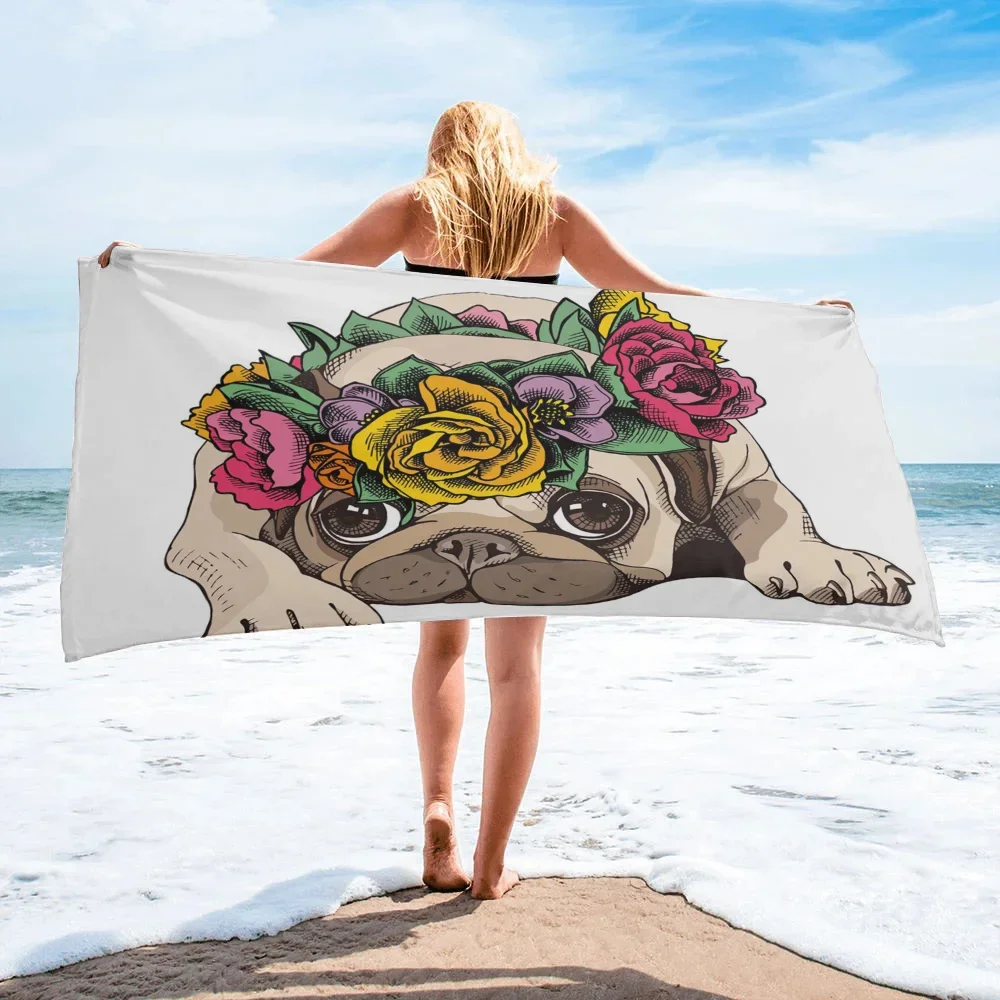 French Bulldog Beach Towels Cute Cartoon Dog Flower Oversized Absorbent s for Adults Sand Free Yoga Towel  Holiday