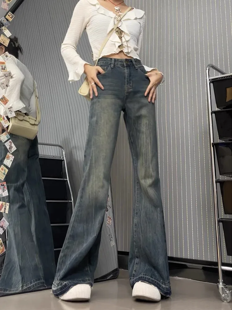 

American Sle High Waist Bell Bot Jeans Women plus Size Spring Autumn Vintage Blue High Waist Slim Wide Leg Frayed Pants