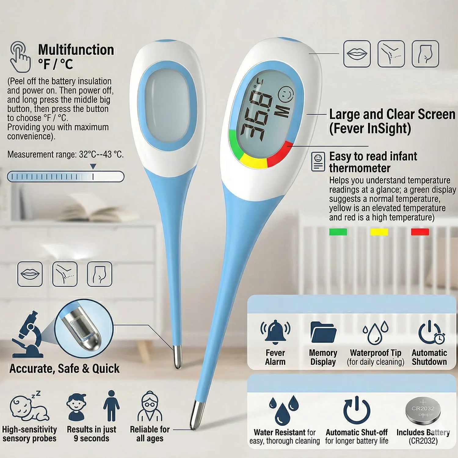 Backlit LCD 8 Seconds Fast Measure Forehead Thermometer | Medical Household Digital Thermometer for Baby Kids Adults Body Fever