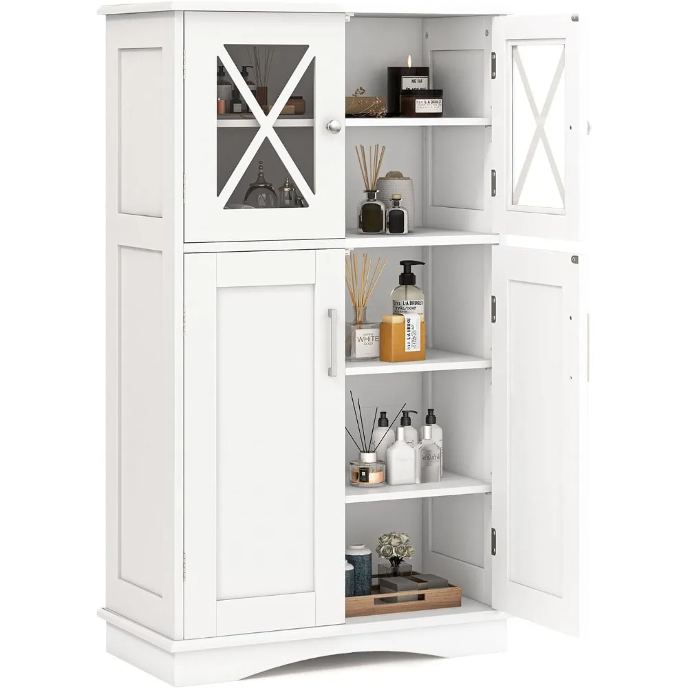 

Bathroom Storage Cabinet, Freestanding Floor Cabinet w/2 Glass Doors, 3-Level Adjustable Shelves