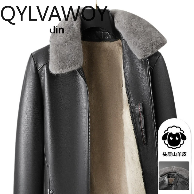 

QYLVAWOY 2025 Winter Real Goat Leather Men's Leather Jacket Fur Mink Collar Silver-Blue Mink Outerwear Lederjacke Herren LJ2634