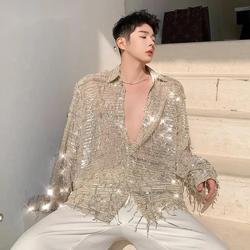 Spring Summer Men's Shirt Long Sleeve New Irregular Sequin Tassel Shirts Niche Streetwear Korean Style Male Top  9YCCBB