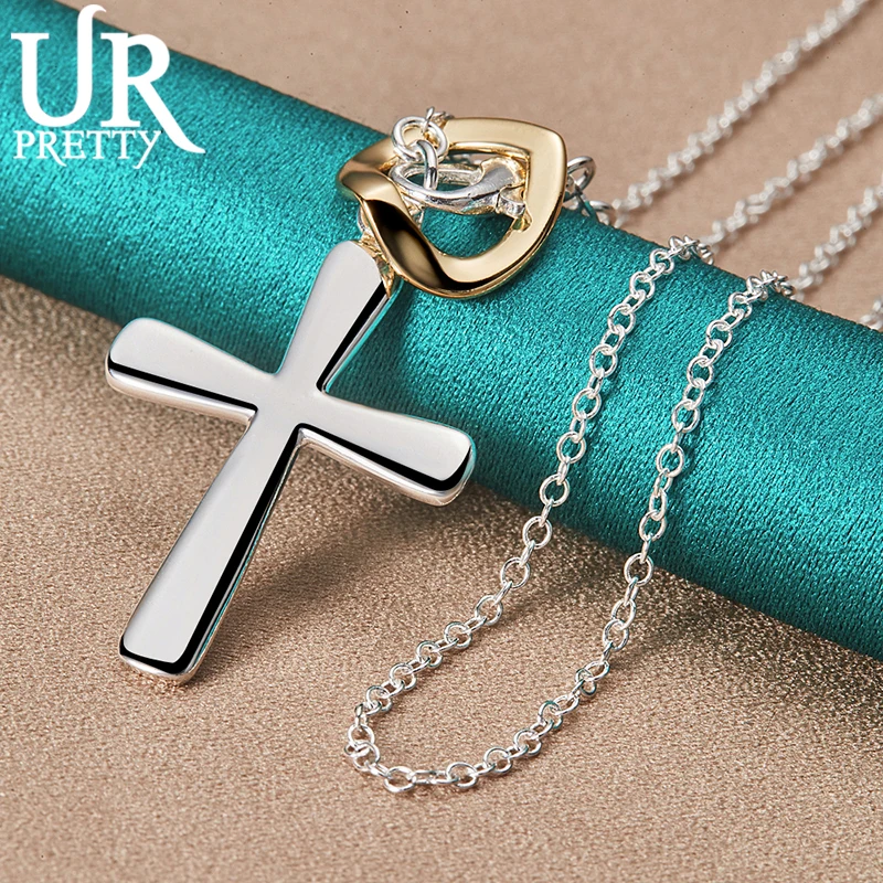 URPRETTY 925 Sterling Silver Heart Smooth Cross Pendant Necklace 16/18/20/22/24/26/28/30 Inch Chain For Woman Wedding Jewelry