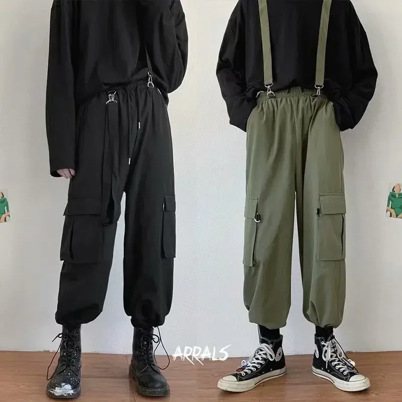 

Solid Color Men's Casual Pants Safari Style Overalls Loose Straight Ankle Length Cargo Pants Jogger Pants Unisex