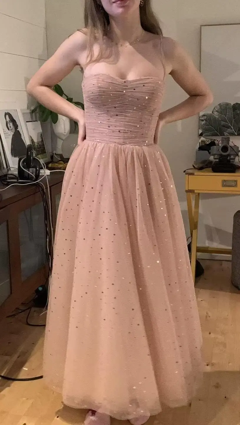 فستان نسائي بحزام سباغيتي متلألئ مرصع بالنجوم من التل للحفلات الراقصة طول الشاي مشد رسمي للحفلات المسائية فستان التخرج لحفلات العودة للوطن
