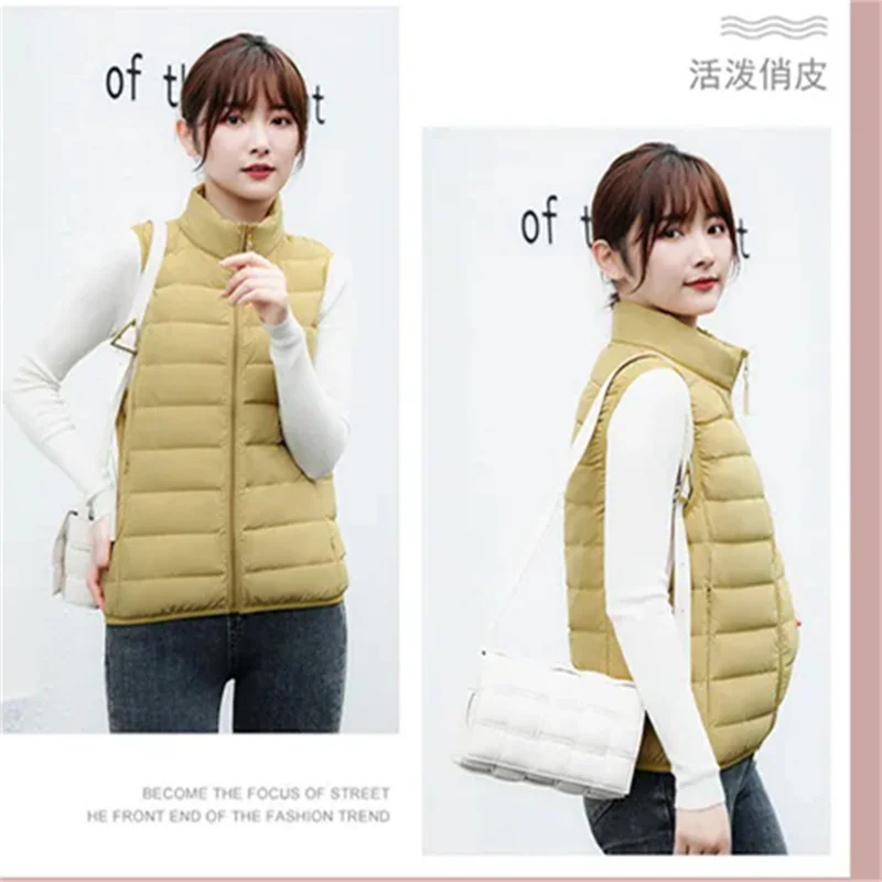 

Ультралегкий белый жилет на утином пуху, зимняя женская пуховая жилетка без рукавов, парки, женский воротник-стойка, теплое короткое пальто на бретелях