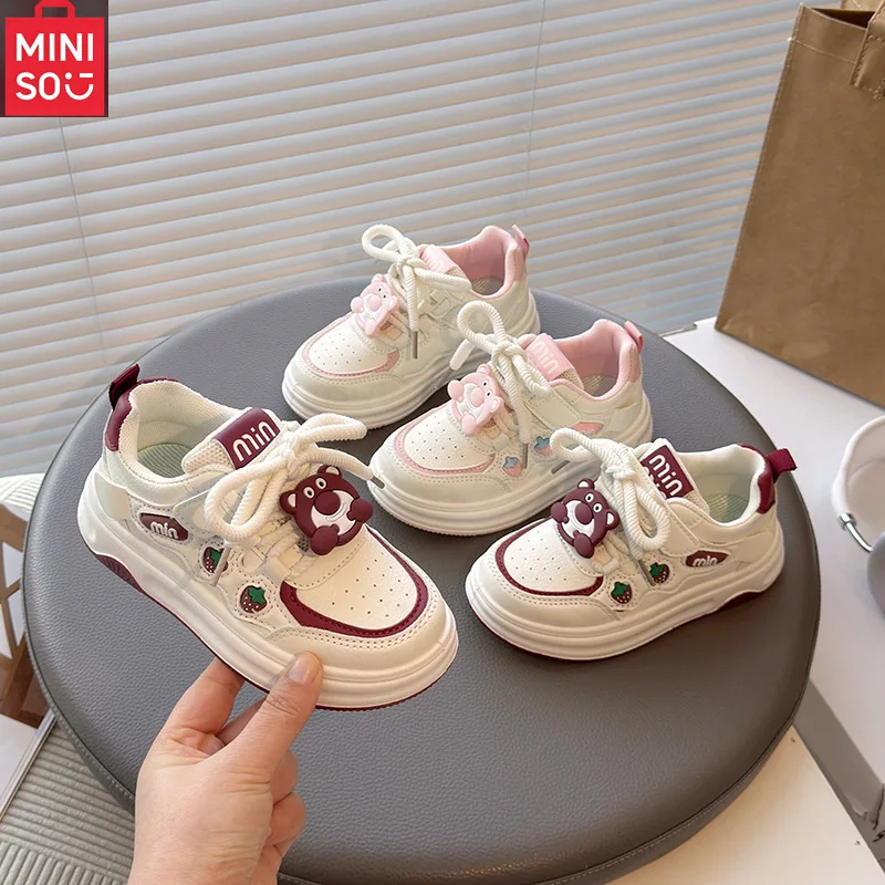 أحذية رياضية جلدية للفتيات من Miniso لربيع وخريف، نعل ناعم غير قابل للانزلاق، أحذية تزلج بيضاء للأطفال الكبار #1