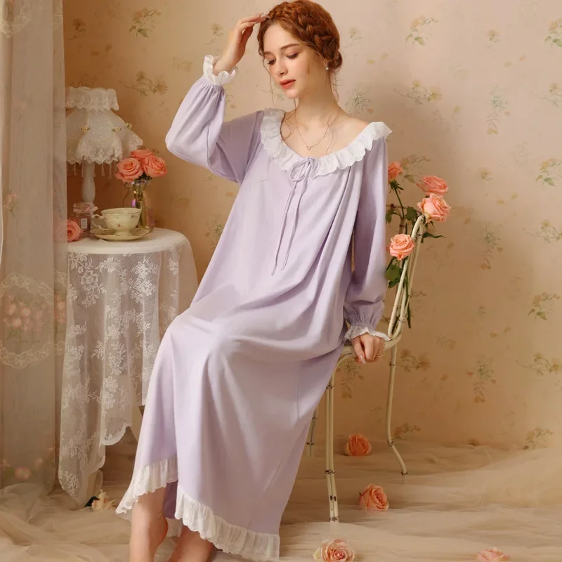 

Sweet Lace Solid Color Nightwear Vintage Victorian Spring Autumn Cotton Long Nightgown Fairy Women Full Sleeve Loose Nightdress