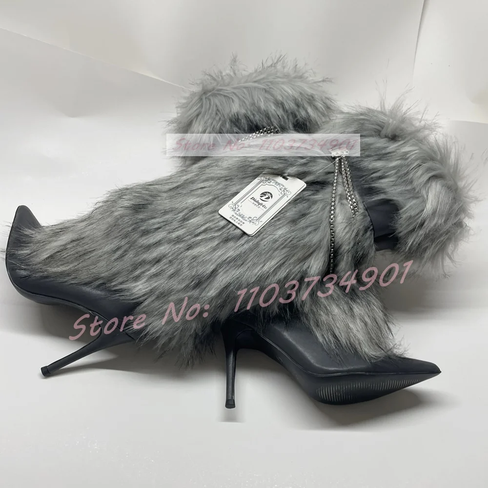 Furry Metal Chain Belt Buckle Stiletto Boots Women Sweet Pointy Toe Slip-On High Heels Shoes Ladies Fashion Knee Length Boots