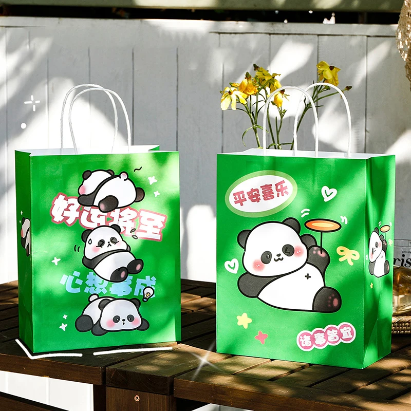 Bolsa de regalo de Panda de dibujos animados, bolsa de papel de gran aspecto para estudiantes, bolso de mano inspirador para el Día de los niños,