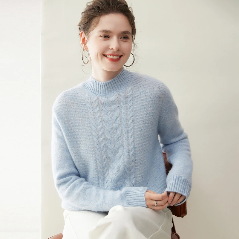 Sweter damski ze 100% kaszmiru, golf, żakardowy, pulower, jesień-zima, gruby, dzianina w warkocze, włóczka w kropki, odzież kaszmirowa, top.