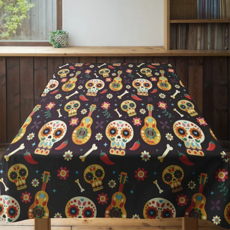 Black Skulls Party Tablecloth with Colorful Guitar Candy Skull Design Decorative Plastic Round Placemats