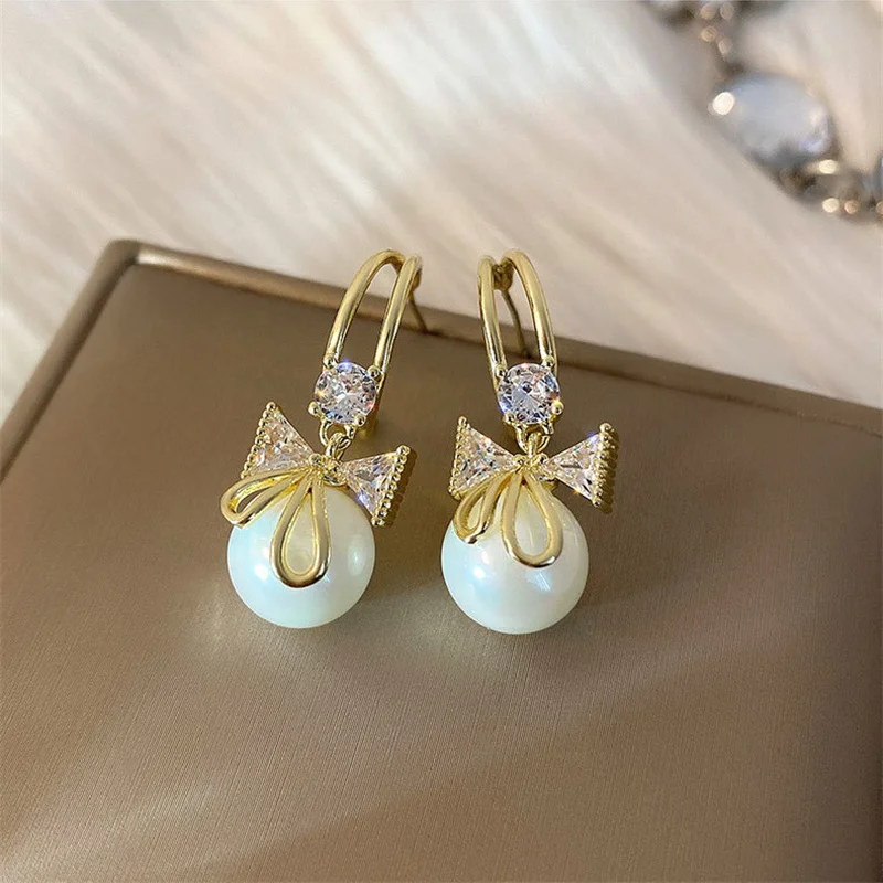 Korean Imitation Pearl Earring Crystal Bowknot Earrings For Women Girl New Light Luxury boucle d’oreille femme Fashion Jewelry